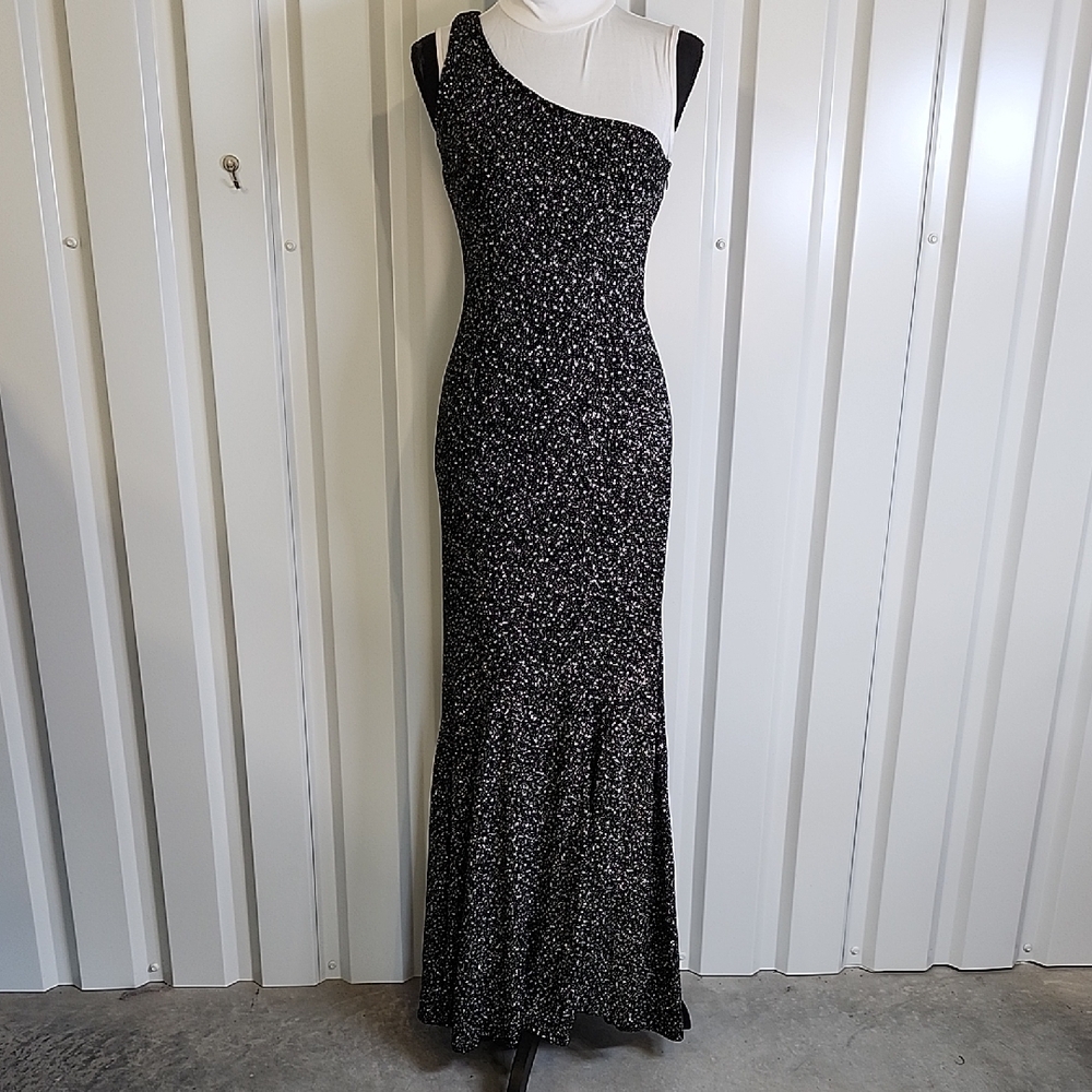 Jessica McClintock Black Silver Glitter One Shoulder Dress Gown Stretch Size 6